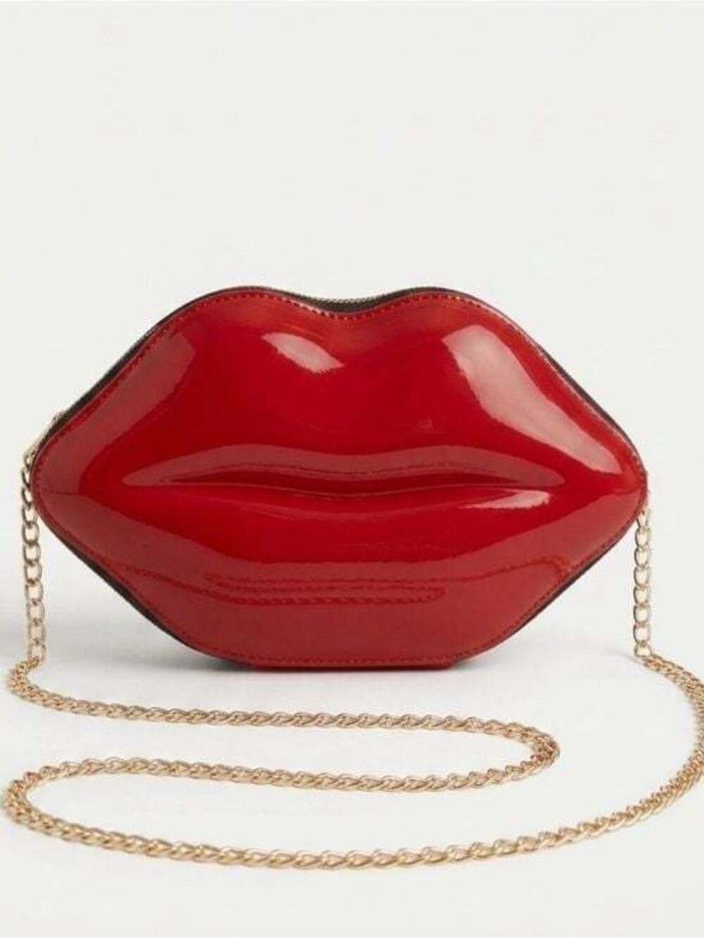 Glossy Red Lip-Shaped Crossbody Bag with Gold Chain